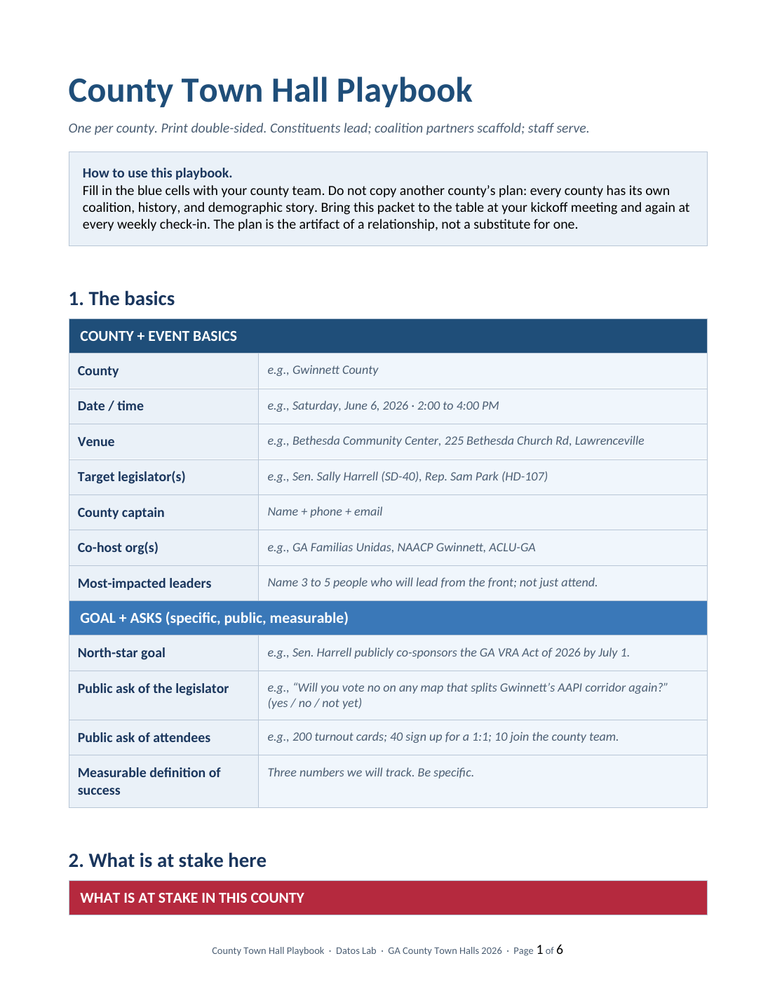 Page 1 preview of County Town Hall Playbook
