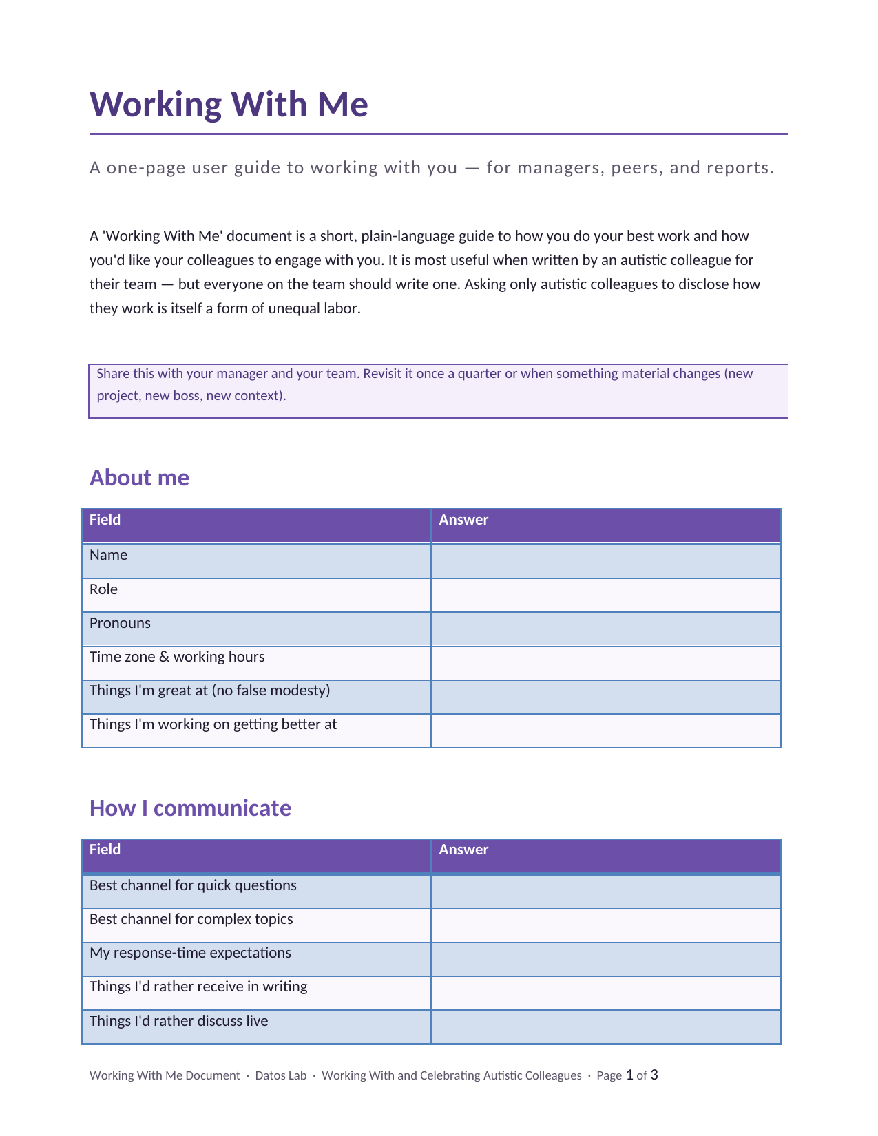 Page 1 preview of 'Working With Me' Document Template